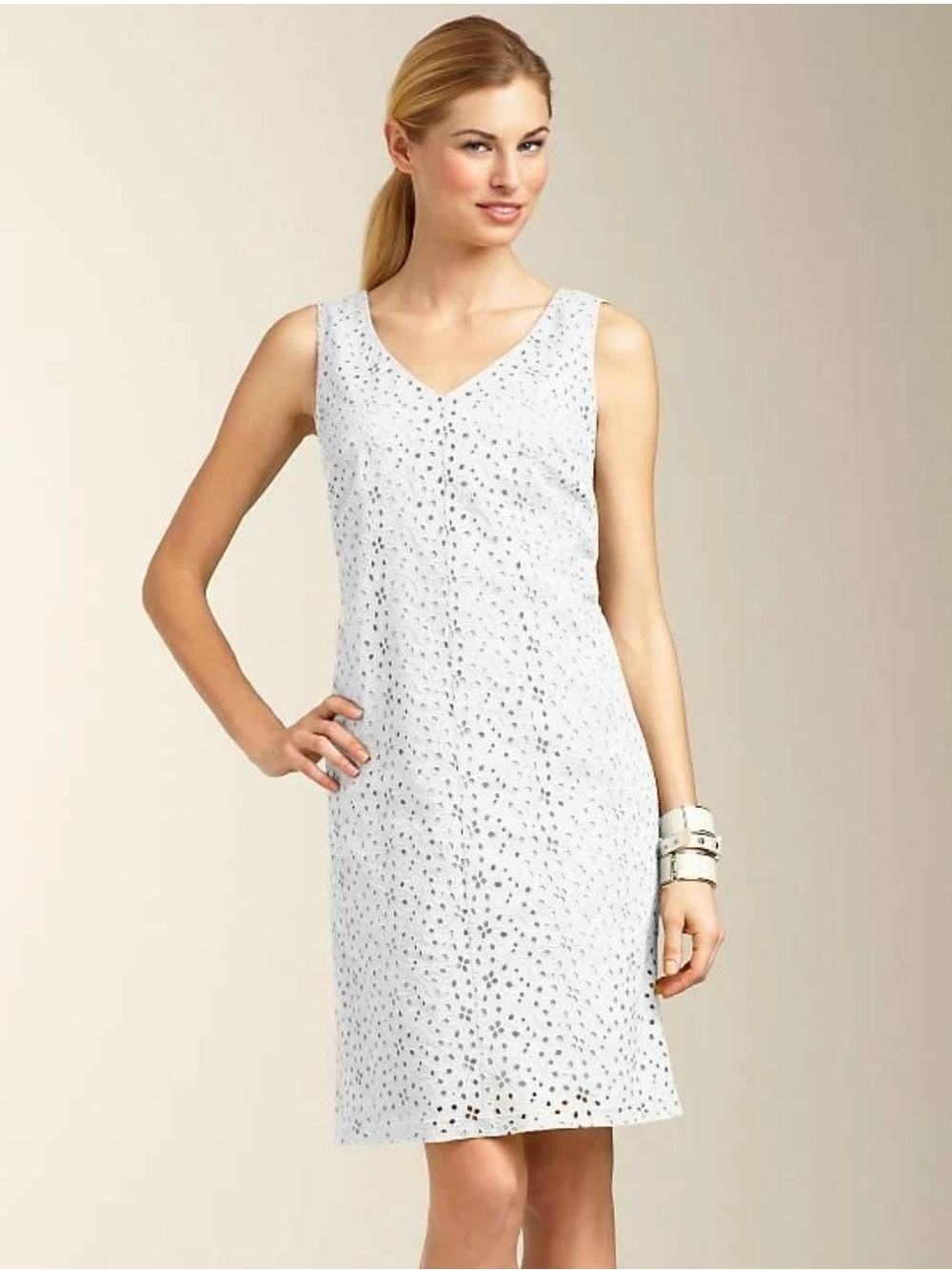 Talbots White Eyelet V-Neck Midi Dress
